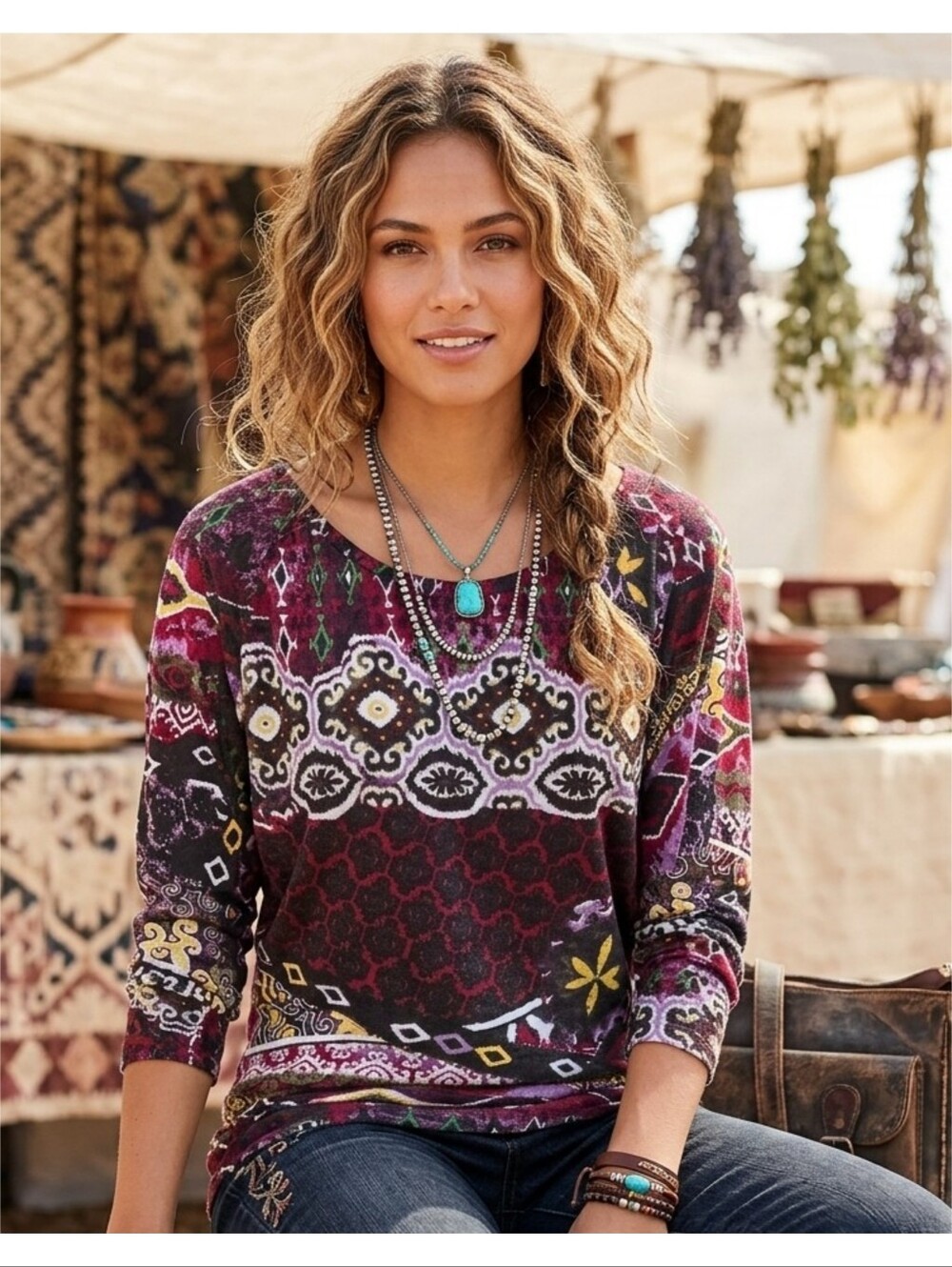 Allen B. Patchwork Dolman  Sleeve Top Multicolor Size S